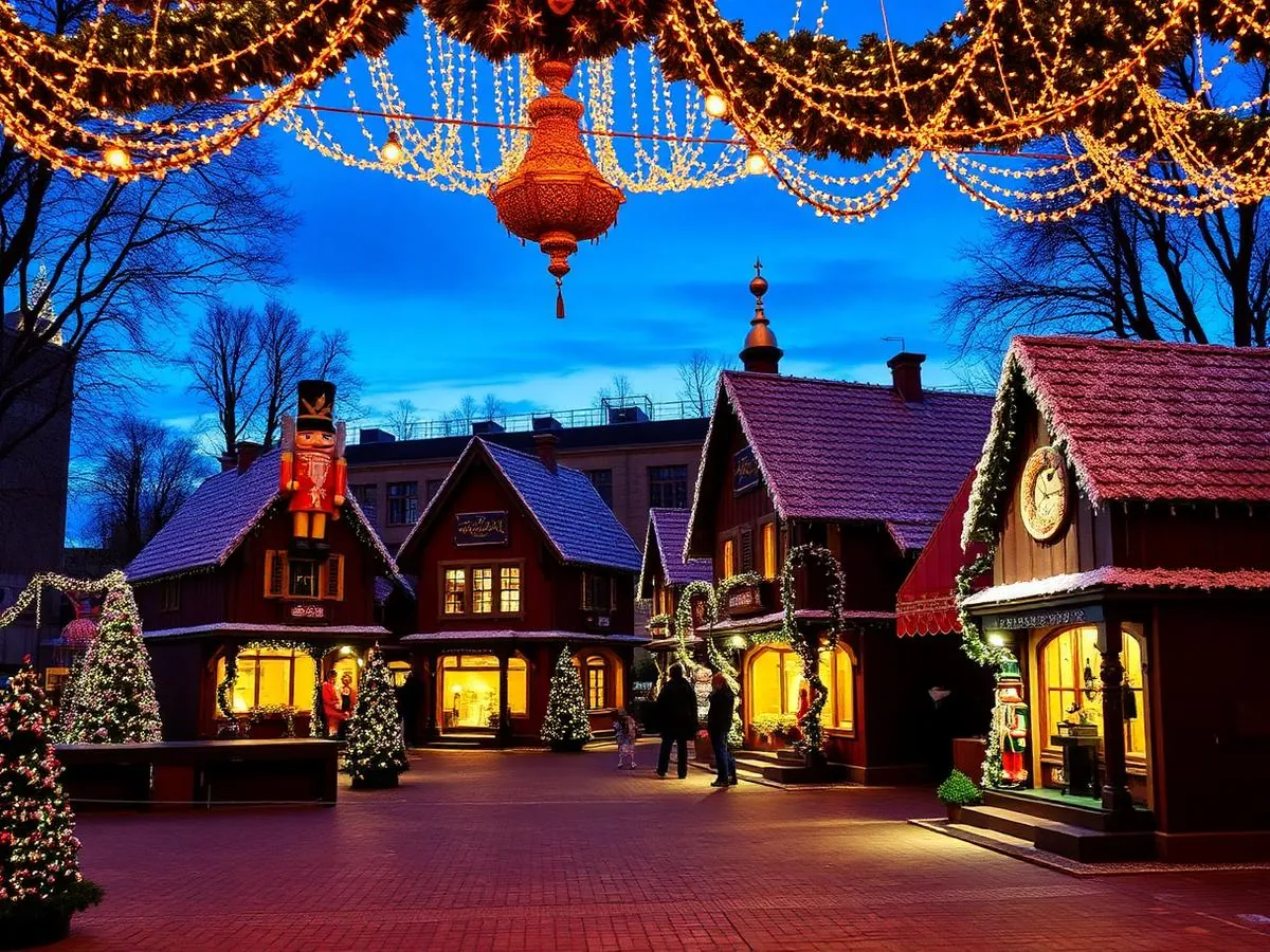 Vila de Natal cenográfica com casinhas decoradas e luzes douradas