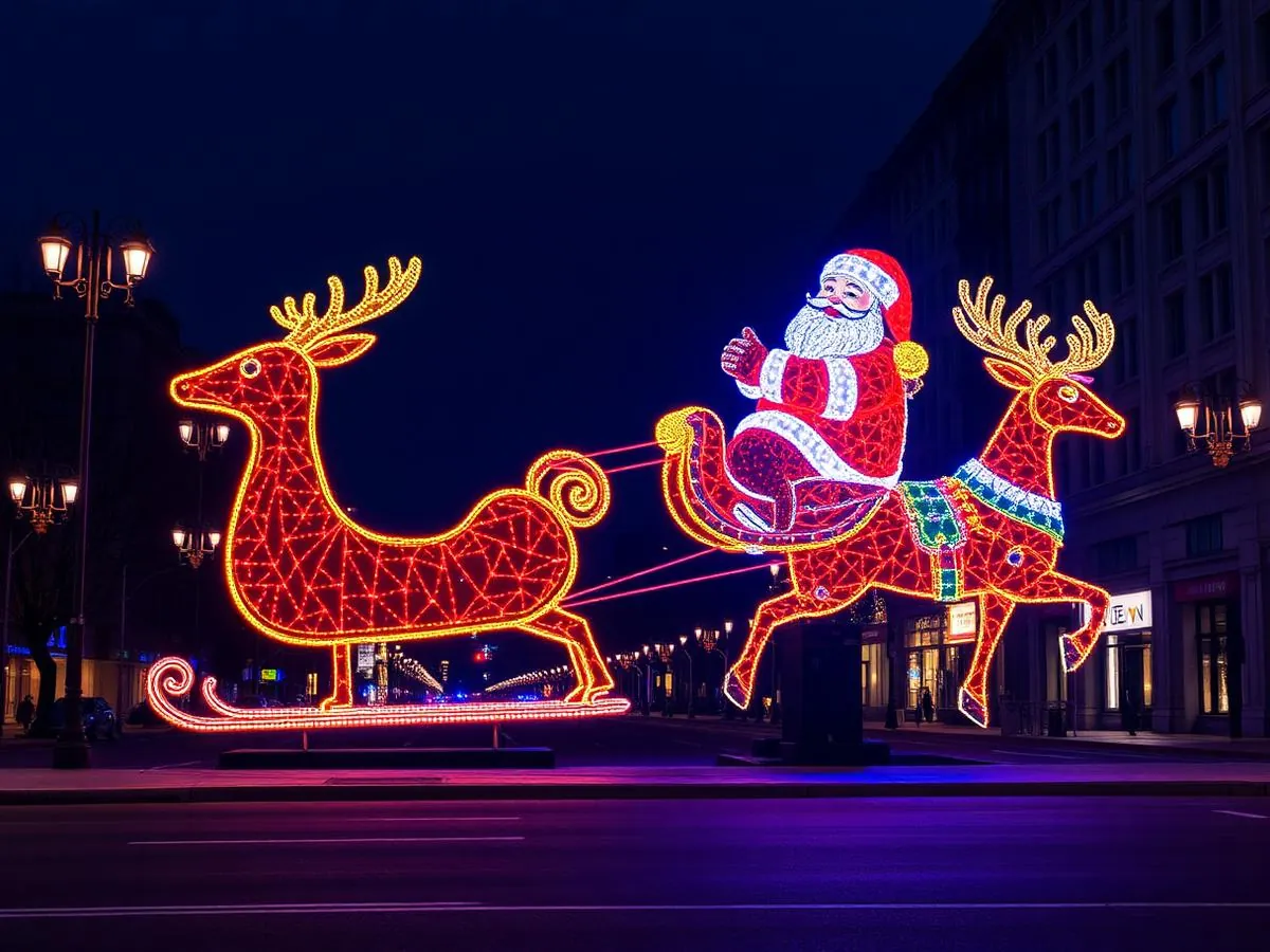 Escultura luminosa de Papai Noel com trenó e renas em avenida