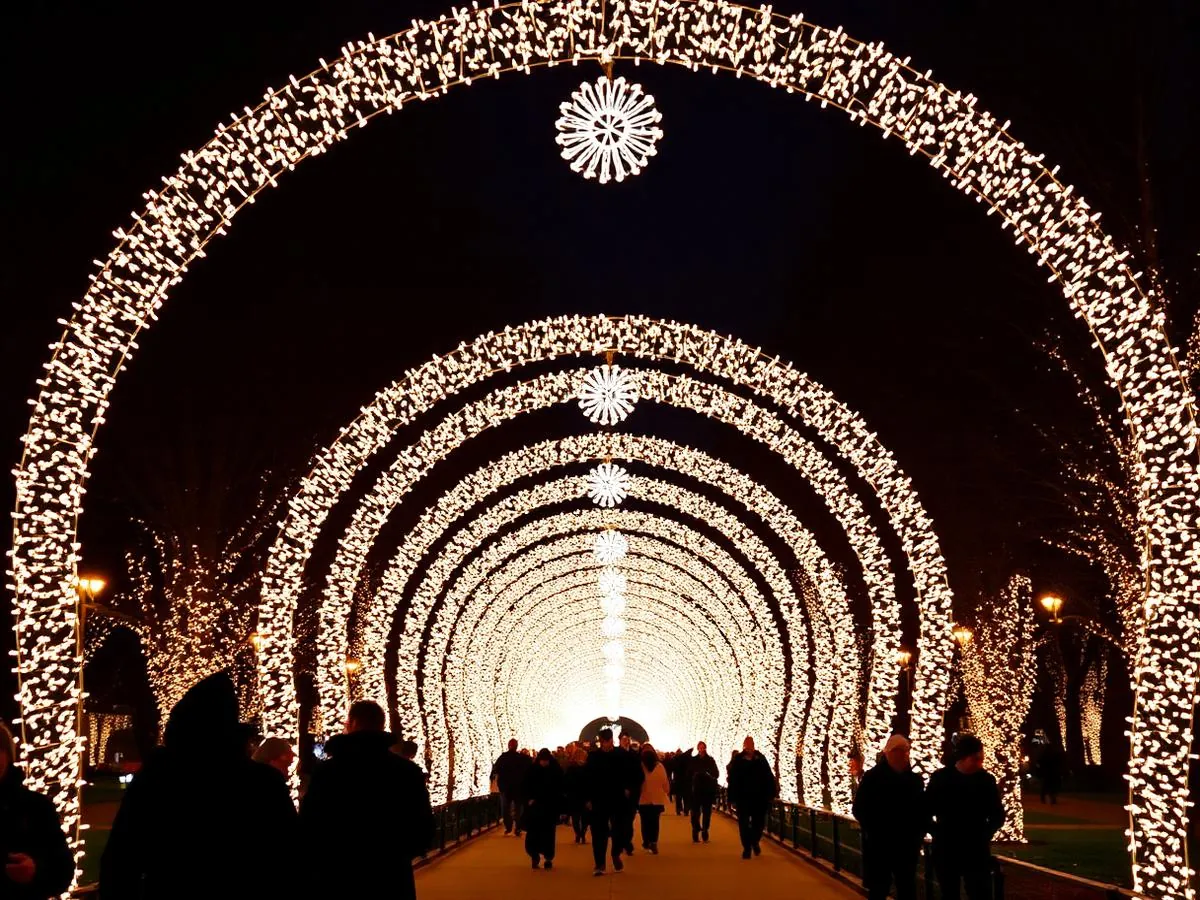 Túnel de luzes natalinas em parque público com visitantes