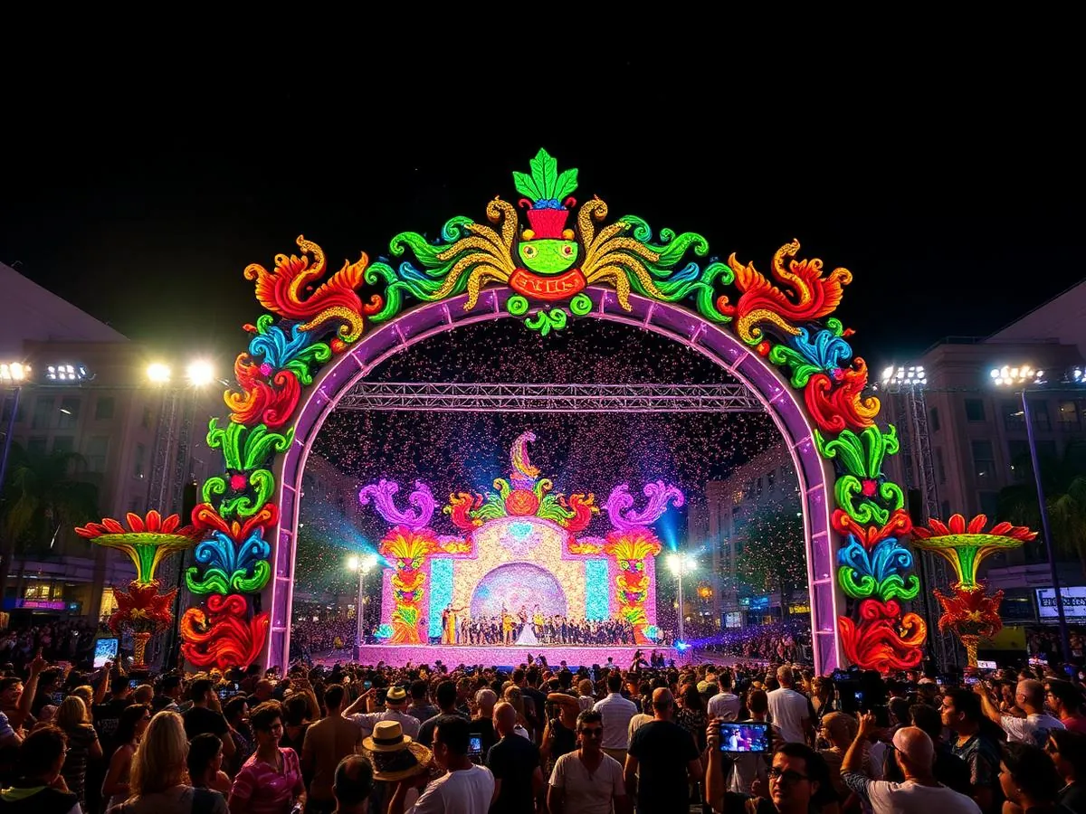 Portal cenográfico iluminado de Carnaval em praça com palco e público