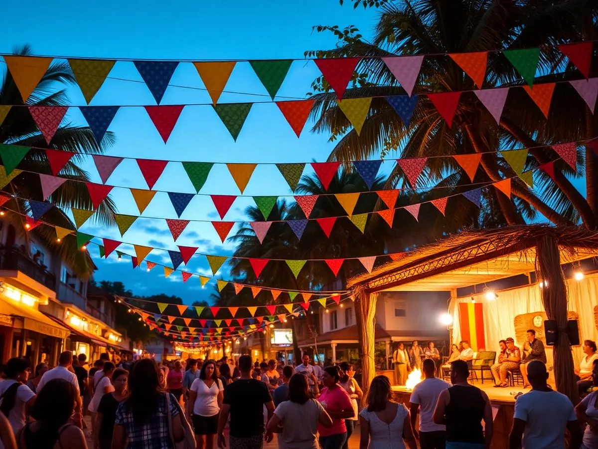 Arraial de festa junina em praça pública com bandeirinhas coloridas e palco de palha