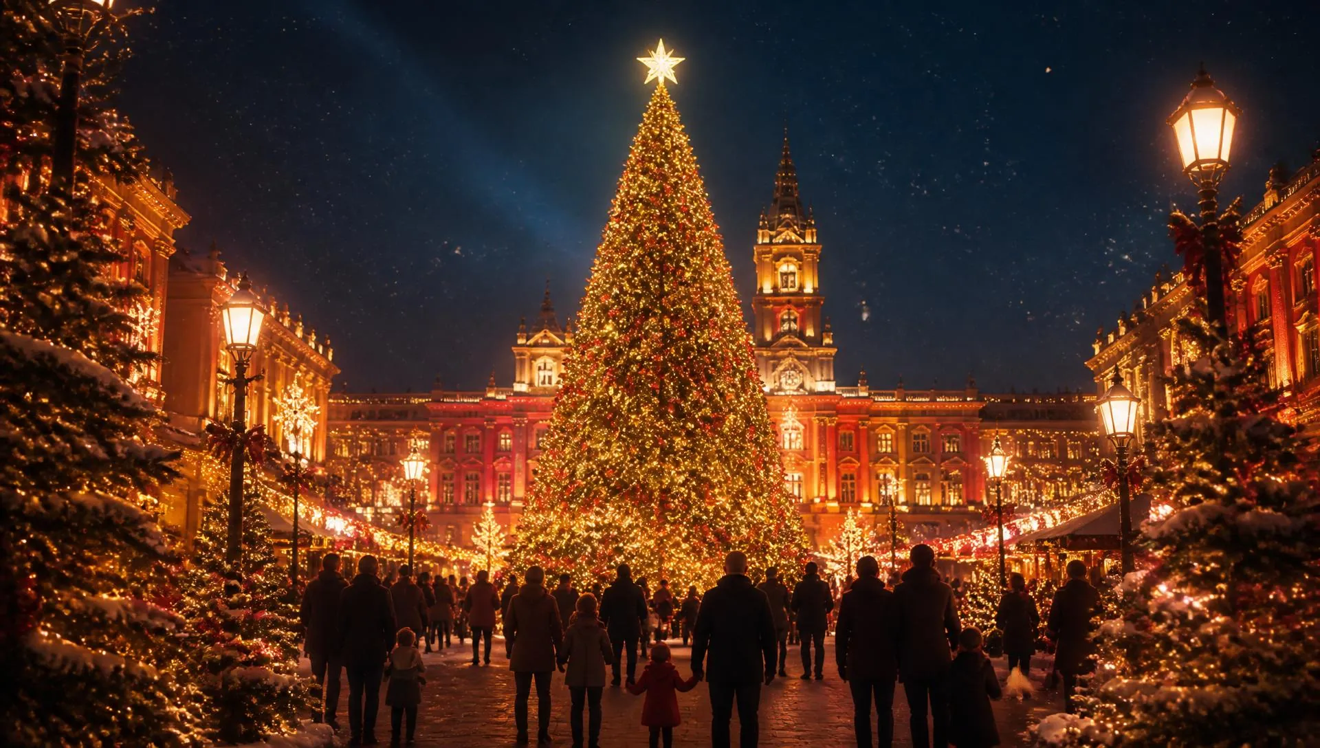 Praça de cidade decorada com árvore de Natal iluminada e famílias caminhando